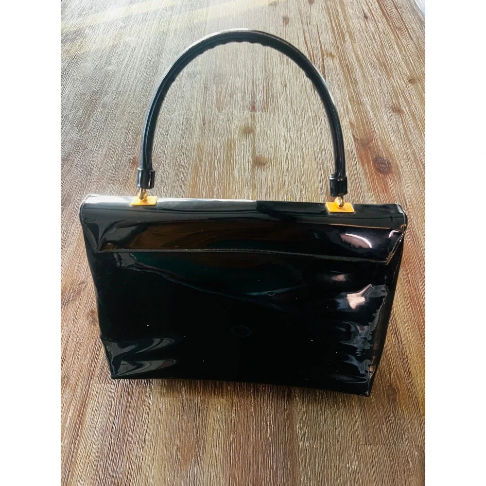 Vintage Lewis Black Patent Leather Handbag Structured Top Handle Gold Hardware